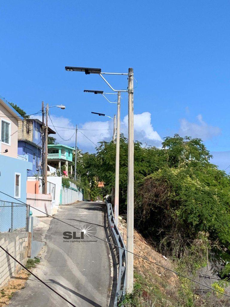 solar street lights poles installed on a residential street