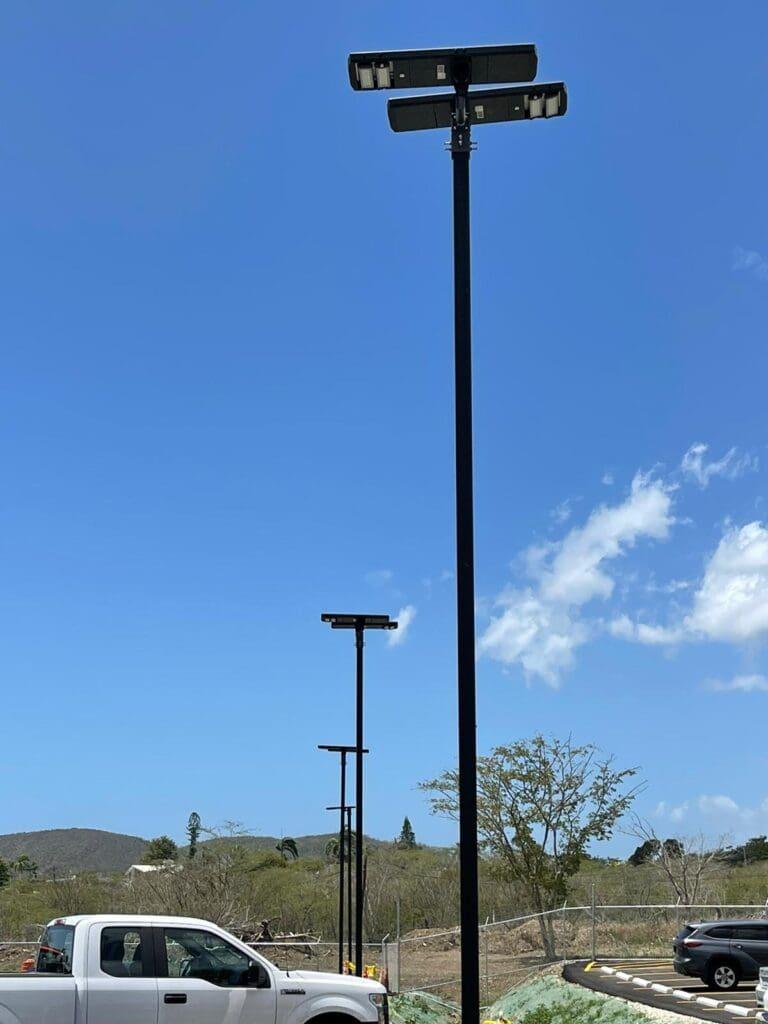 Solar LED lights pair installed in a parking lot