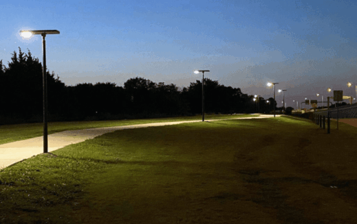 Image shows the successful installation of solar pathway lighting in a residential community